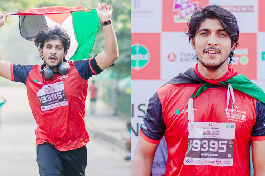 ফিলিস্তিনের পতাকা হাতে ম্যারাথনে তৌসিফ মাহবুব