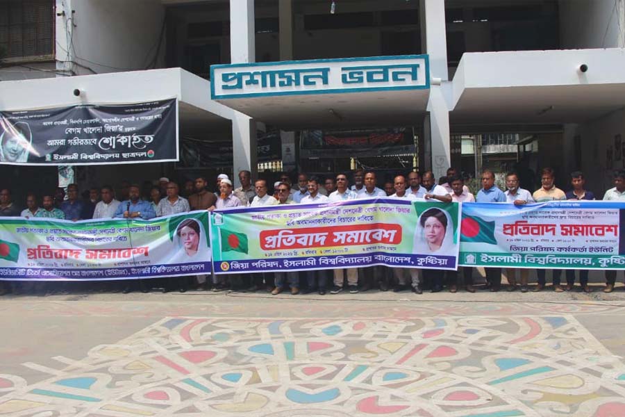 ইবিতে ব্যানার ছেঁড়ার ঘটনায় বিএনপিপন্থী শিক্ষকদের প্রতিবাদ সমাবেশ