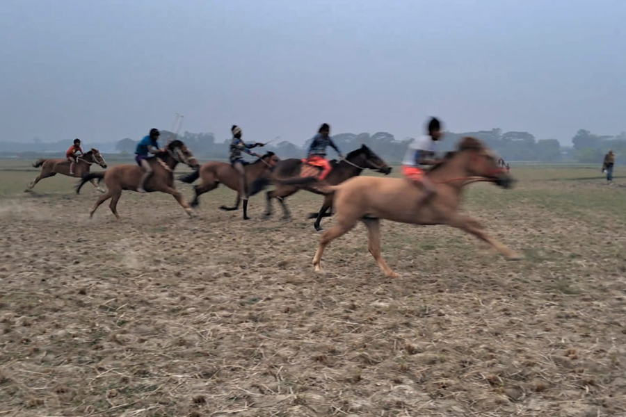 কটিয়াদীতে ঐতিহ্যবাহী ঘোড়দৌড় দেখতে হাজারো মানুষের ভিড়