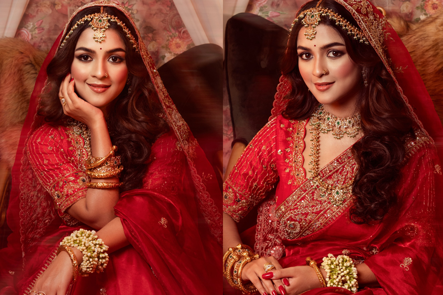 লাল শাড়িতে রাজকীয় বধূরূপে সাদিয়া আয়মান